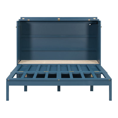 Queen Size Murphy Bed Wall Bed with Storage Drawers & USB Charging Ports, Navy Blue Space Saving Folding Cabinet