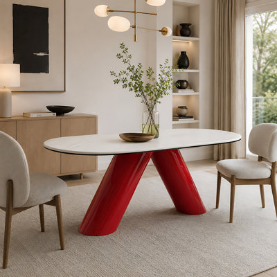 Table de salle à manger 70,47 "moderne ovale en marbre avec base sculpturale en acier inoxydable rouge pour 6 à 8 personnes