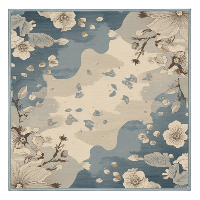Machine Washable Pascasio Cherry Blossom Petals Traditional Floral Rug in Beige – SkyBlue Binding