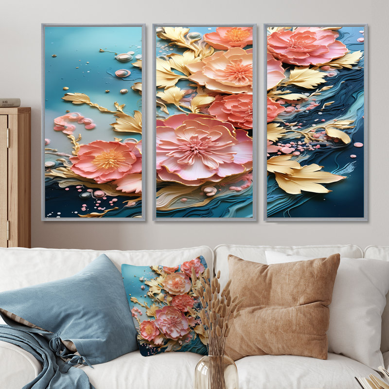 «Blooming Pink Gold Flowers Wave», ensemble de décorations murales florales modernes, Encadrement argenté