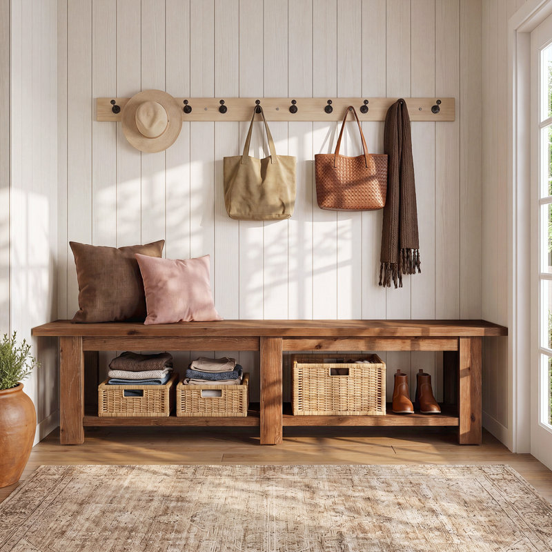Banc d'entrée 70,9 po en bois massif, banc à chaussures en bois Farmhouse