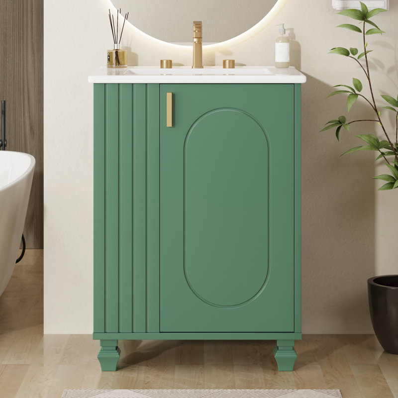 Meuble-lavabo de 24 pouces avec lavabo facile à nettoyer, porte à fermeture douce, rangement latéral ouvert, pieds en bois massif compatibles avec robinet de 8 po, armoire