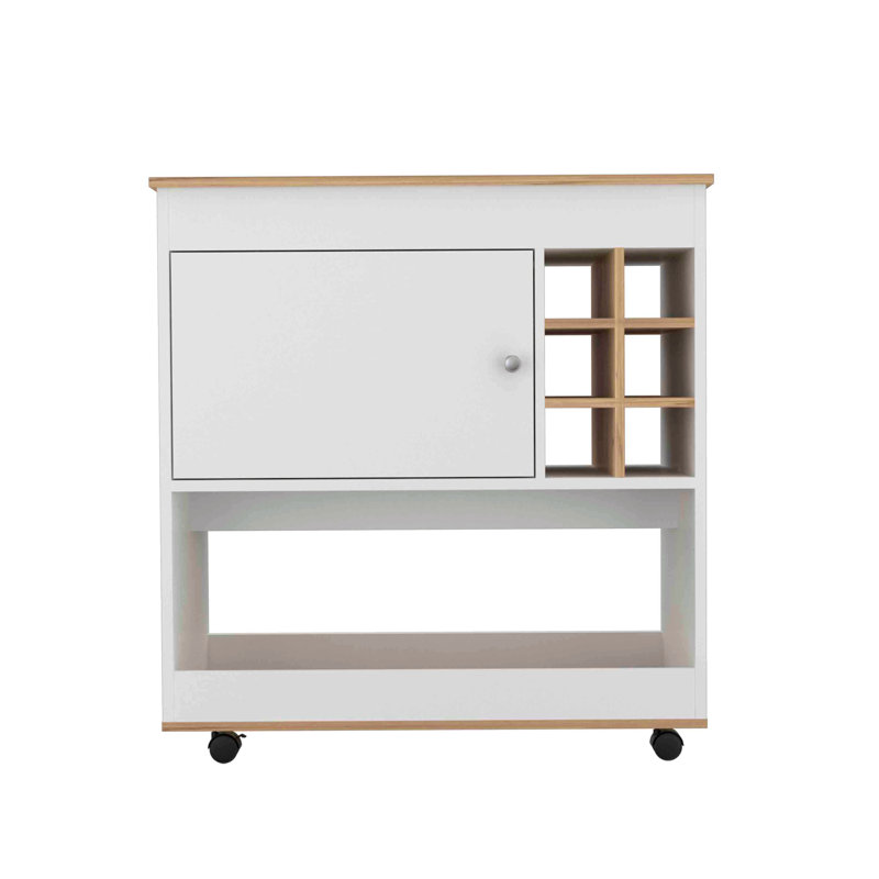Bar Cart, Lower Panel, Six Bottle Cubbies, One Cabinet -Light Oak / White