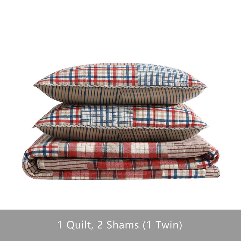 Brown Plaid Cotton Twin Reversible Quilt Set with Sham
