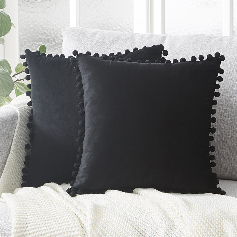 Deconovo Pom-poms Reversible Pillow Cover, 26" x 26", Black