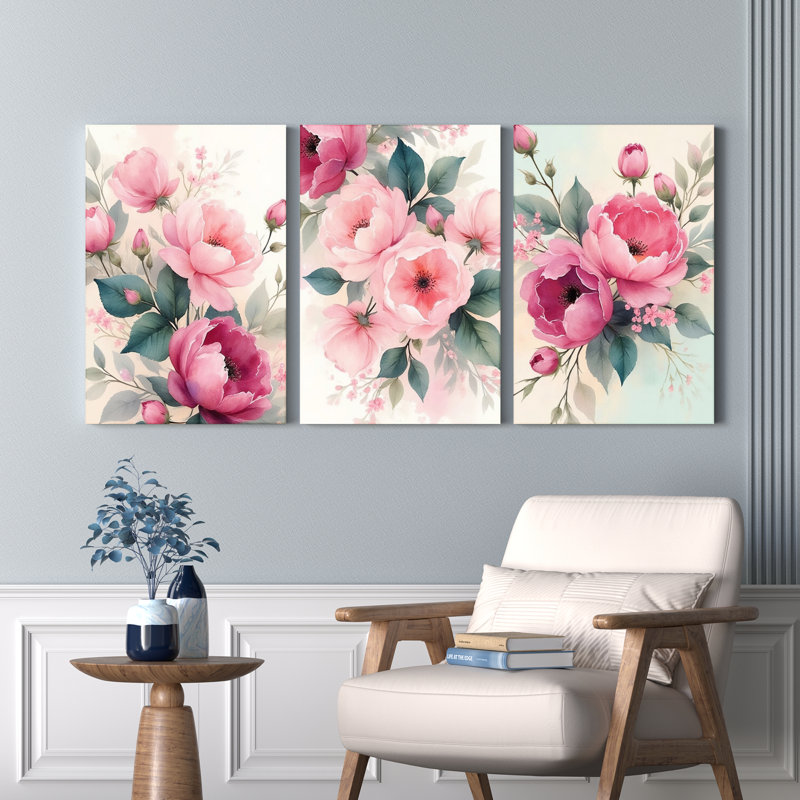 Tableau mural sur toile tendue à motif floral de pivoines rose poudré (paquet de 3), H 18 po x l 36 po