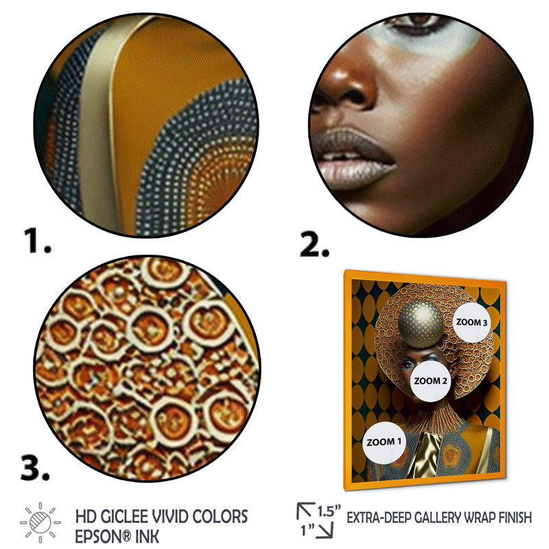 «Exquiste African Woman Design VI», reproduction sur toile, H 32 po x l 24 po x P 1 po, Encadrement doré