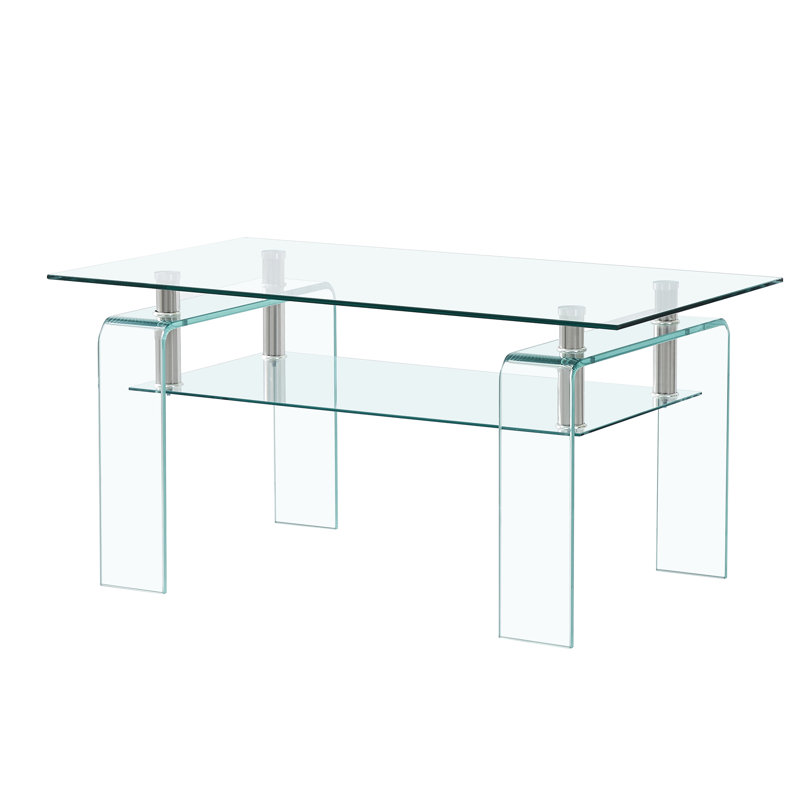 Table basse rectangulaire moderne en verre transparent avec rangement à 2 niveaux pour le salon | Idée de cadeau