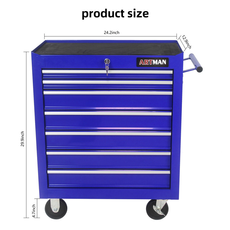Chariot à outils en acier robuste à 7 tiroirs avec tiroirs verrouillables et roues de frein
