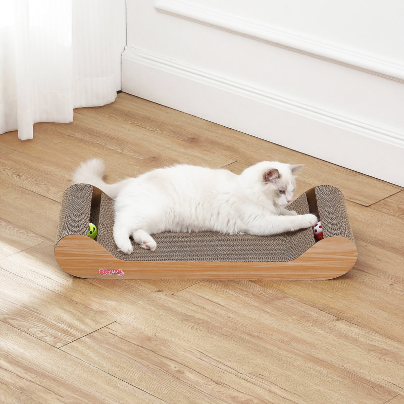 Lit-salon moderne en carton de 60,3 cm avec griffoir, clochette intégrée, jouets et herbe à chat, Finition de bois de chêne