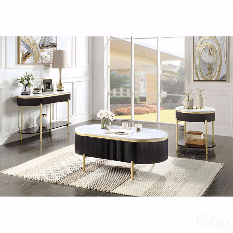 Table de salon 1 pièce avec plateau en faux marbre blanc et plateau inférieur ouvert