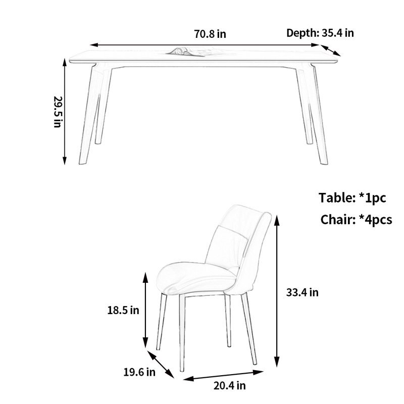 Table et chaise de luxe simple et légère, H 29,5 po x L 70,8 po x l 35,4 po