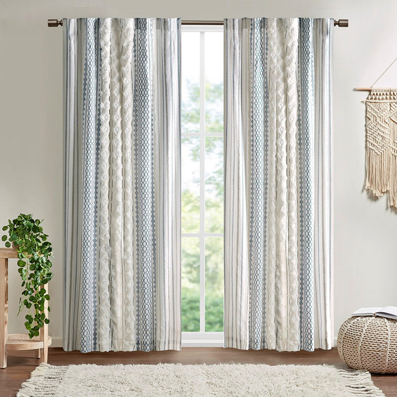 Panneau de rideau en coton avec rayures et doublure en chenille / bleu marine 50 po x 95 po
