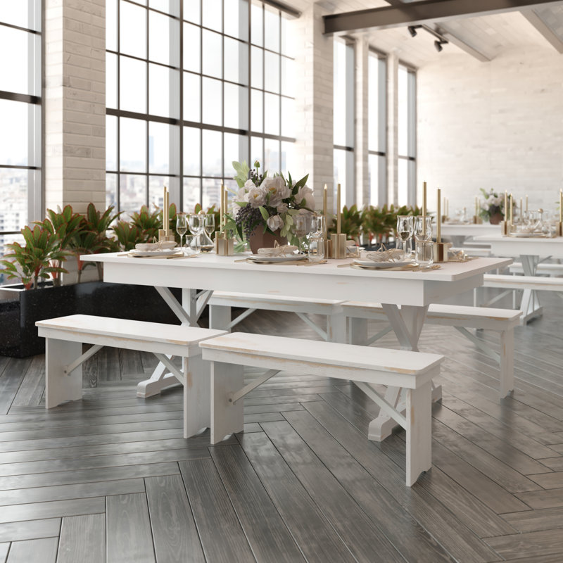 Antique Rustic White Solid Pine Foldable Dining Table with X-Legs