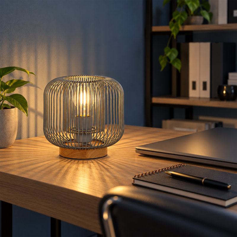 1-Light Dimmable 7.6" Small Metal Cage Table Lamp with Wood Base