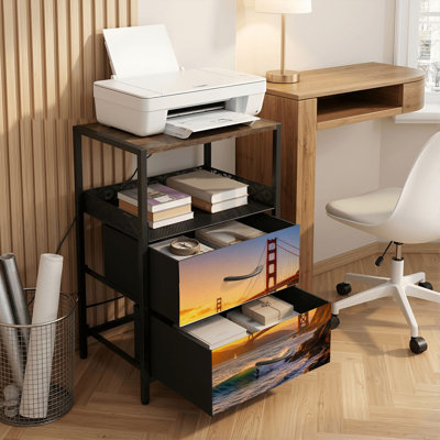 Table de chevet 2 tiroirs avec station de charge, table de chevet pour chambre avec ports USB et amp; Outlets, tablette ouverte noire, table de chevet avec pont Golden Gate
