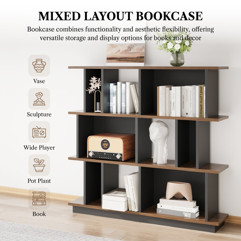 Modern 43.4''H x 51''W Geometric Bookcase, Wooden Wide Room Divider Bookshelf with Storage, 3 Tier Open Decorative Display Shelf in Black Walnut