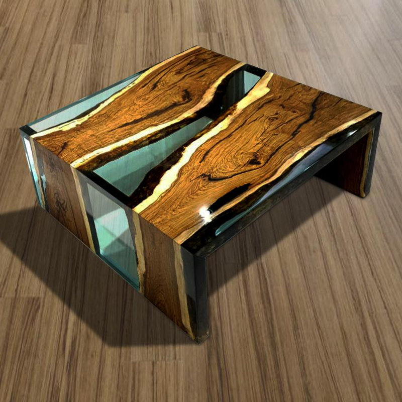 Coffee Table, 13.7" H x 39.4" L x 39.4" W, Natural Wood/Aqua
