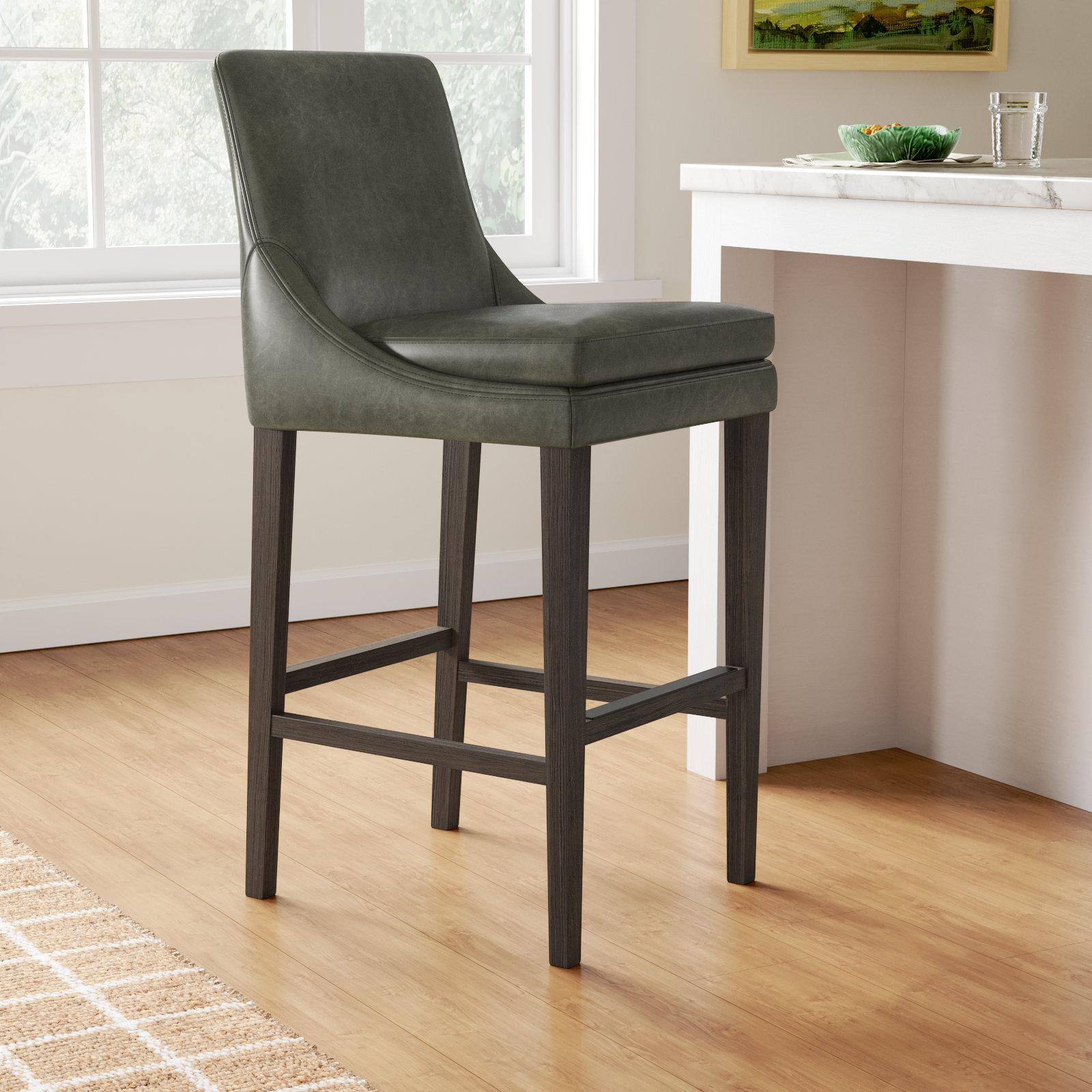 Niara Leather Stool, Bar Stool (30” Seat Height), Copley Slate Faux Leather/Brown