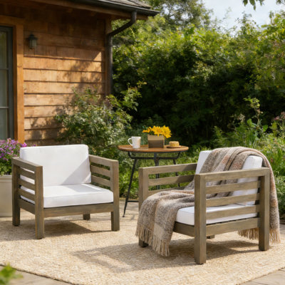 Ensemble de 2 fauteuils club robustes en bois d'acacia d'une capacité de poids de 400 lb - Fauteuils d'extérieur avec coussins épais pour patio, jardin, balcon, pelouse ou porche