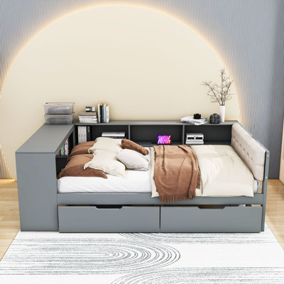 Lit de jour avec tête de lit tapissier, bureau intégré, tiroirs, tablettes et station de charge