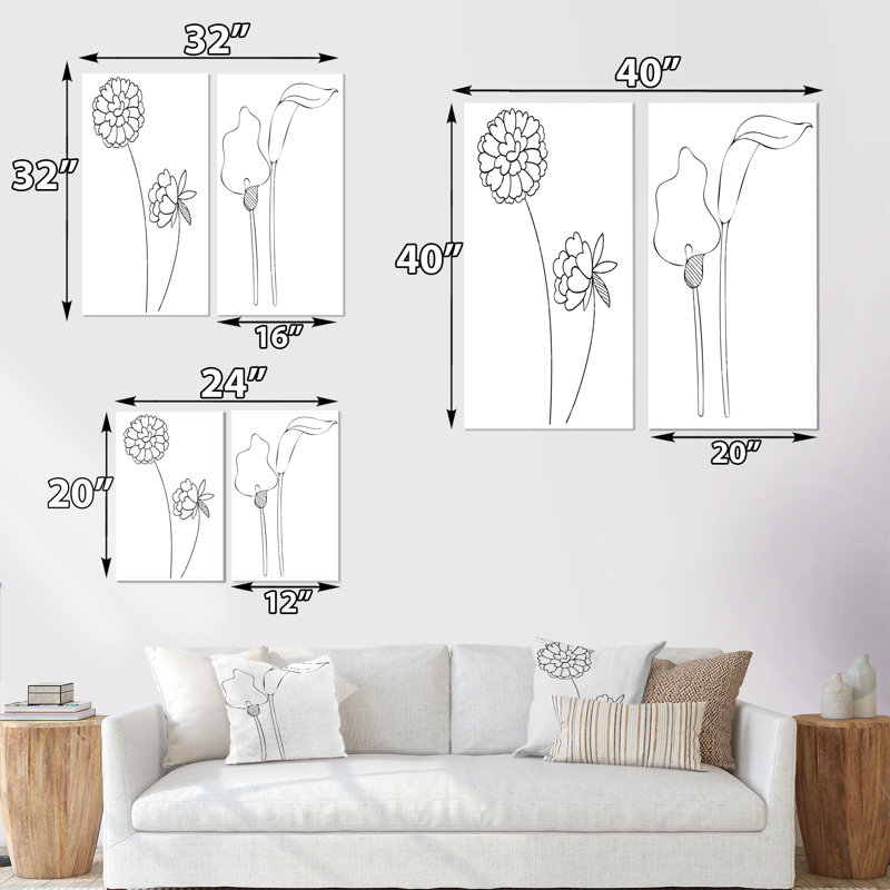 «Black and White Line Flowers I», ensemble de 2 impressions, Toile tendue, H 20 po x l 24 po x P 1 po