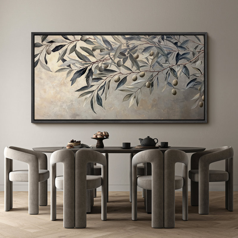Olive Branch Botanical Large Framed Canvas Print Wall Art - Elegant Neutral Nature Decor, Black, 30" H x 60" W