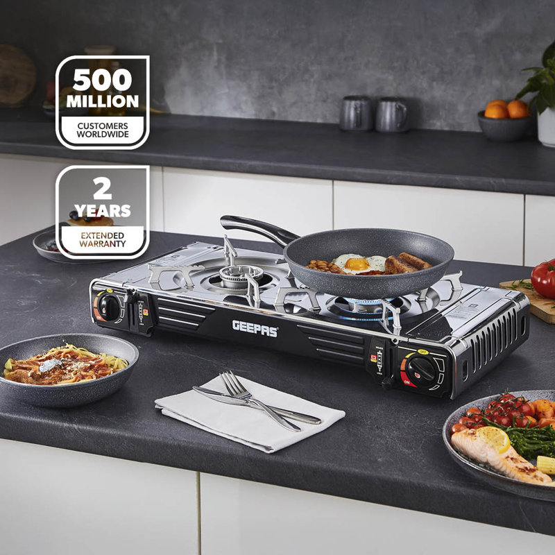 GEEPAS Portable Camping Gas Stove, Double Burner – BBQ Cooker, Outdoor Grill Plate – Automatic Ignition System, Butane Can - BBQ Caravan Outdoor