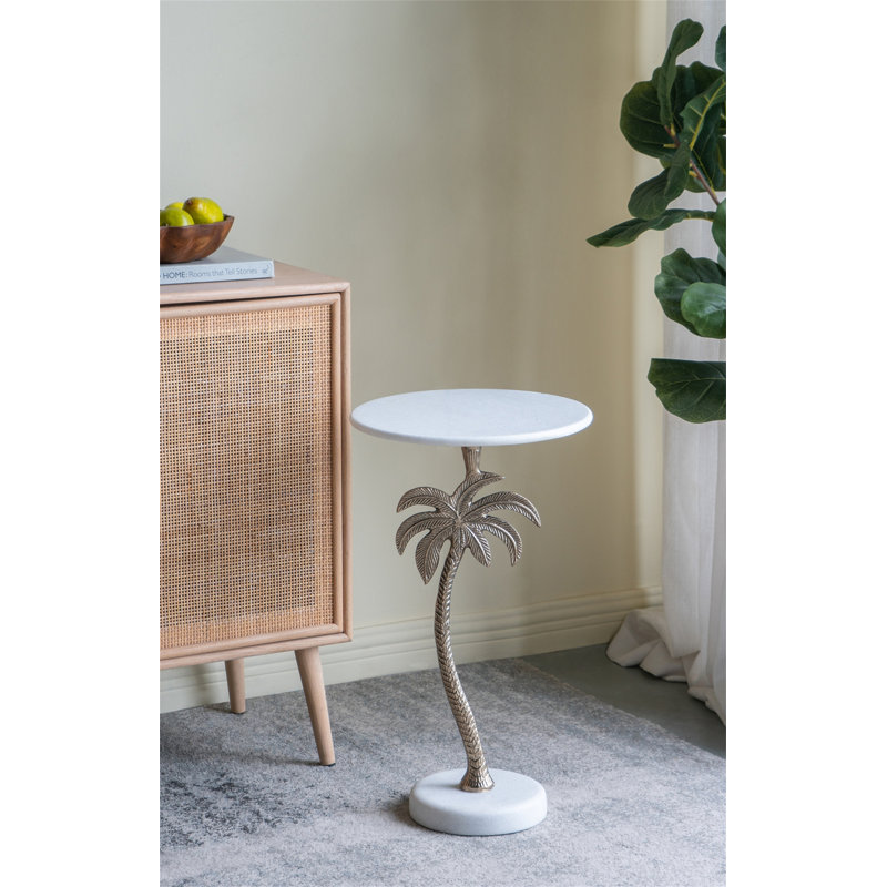 Table d'appoint ronde 14 po x 14 po x 24 po avec plateau en marbre blanc et palmier doré (table basse incluse)