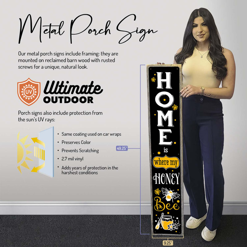 «Home Is Where My Honey Bee - Panneau de véranda en métal avec protection solaire encadré, panneau de bienvenue vertical»