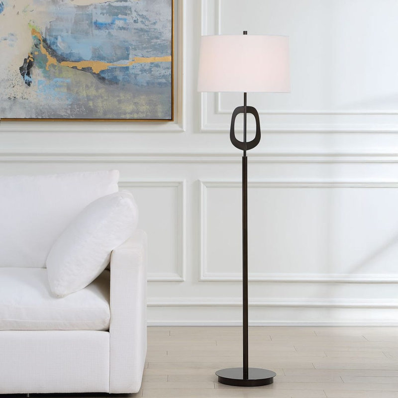 Lampe sur pied en métal bronze huilé avec abat-jour en lin blanc cassé 63 H