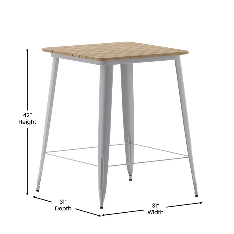 Table de bar carrée commerciale en poly avec cadre en acier 31,5 po Gwennette, Plateau brun / base argentée