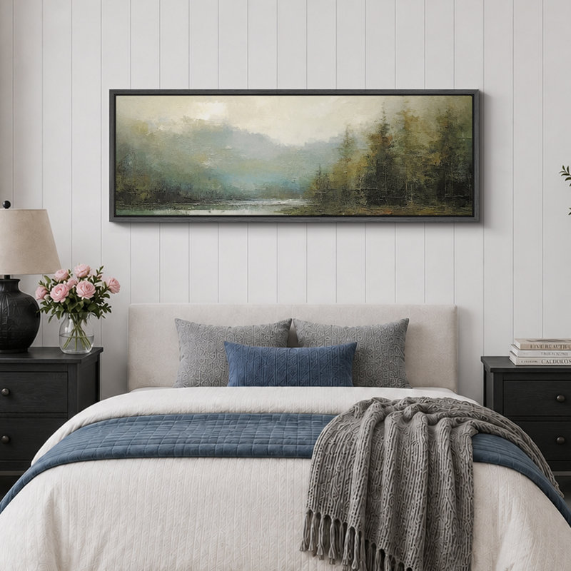 Lake River Landscape " Tranquil River Andest Antique Retro Fine Art Colorful Bedroom Extra Large Wall Decor ", 20" H x 60" W