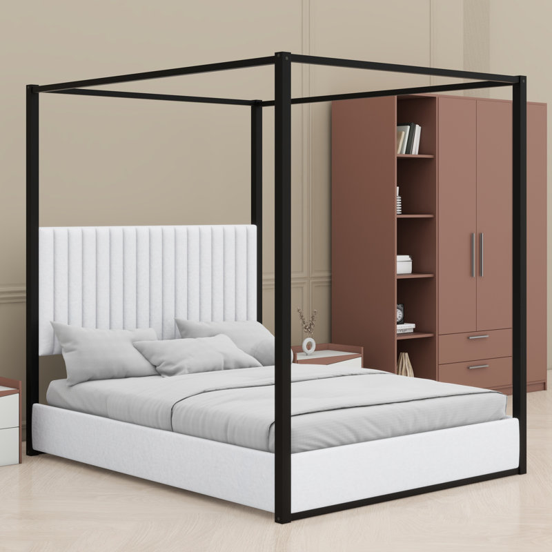 Lit plateforme à baldaquin élégant avec tête de lit tapissier et structure en métal robuste