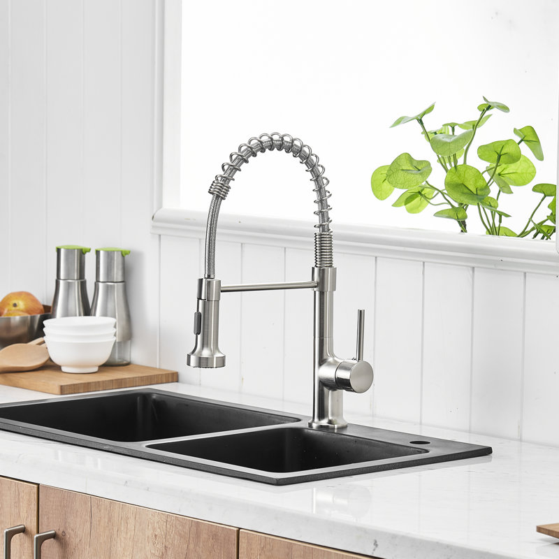 Contemporary Kitchen Sink Faucet With Pull Down , Brushed Nickel, 360 Rotation Design Nickel Spray, Single Handle, Rotatable For Use
