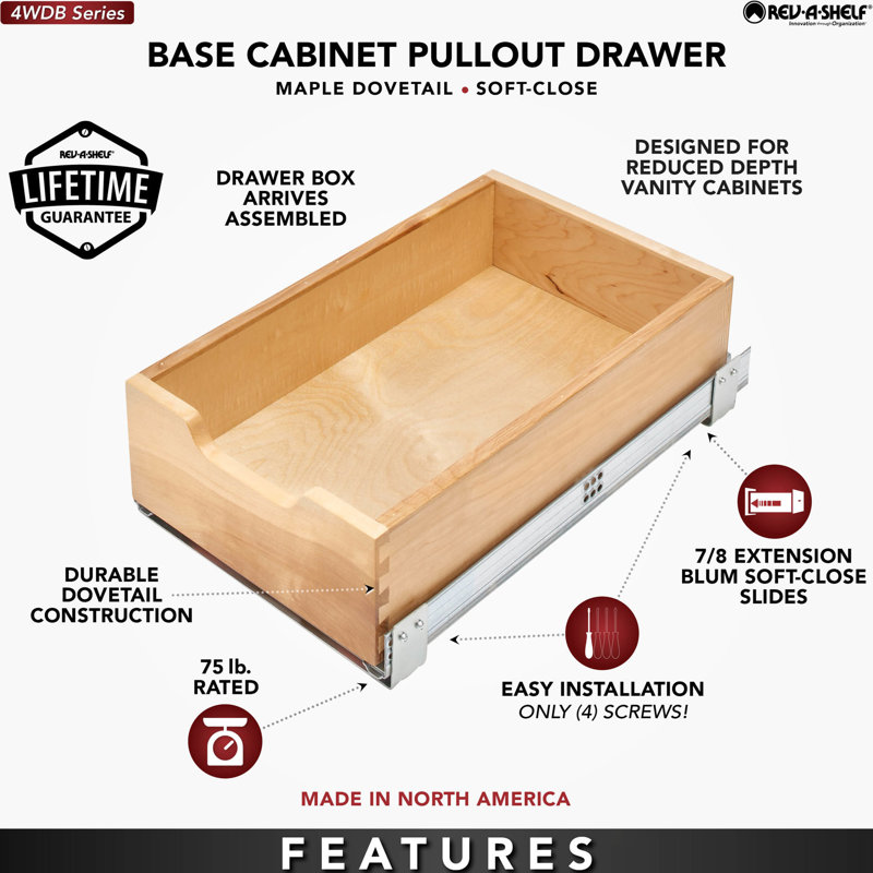 Tiroir d'armoire de cuisine 11,71 po Rev-A-Shelf avec fermeture en douceur, 4WDB-1219SC-1, 11.7" W x 19.2" L