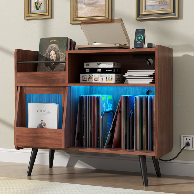 Large Record Player Stand, 350 Vinyl Record Storage Holder with Power Outlet and LED Light, Brown