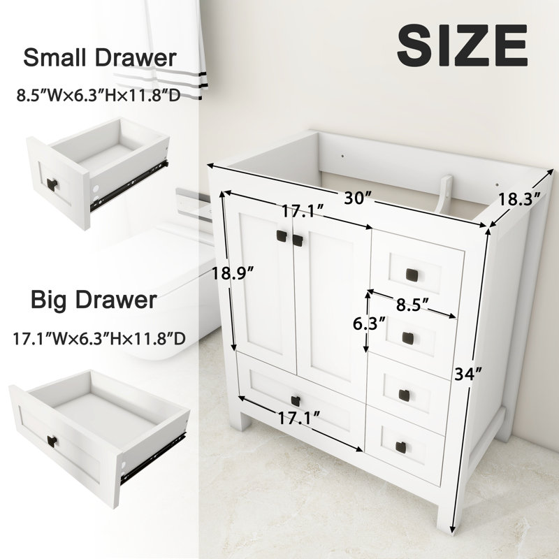 Base de meuble-lavabo simple autoportant 30 po seulement, comptoir de lavabo non inclus, Blanc