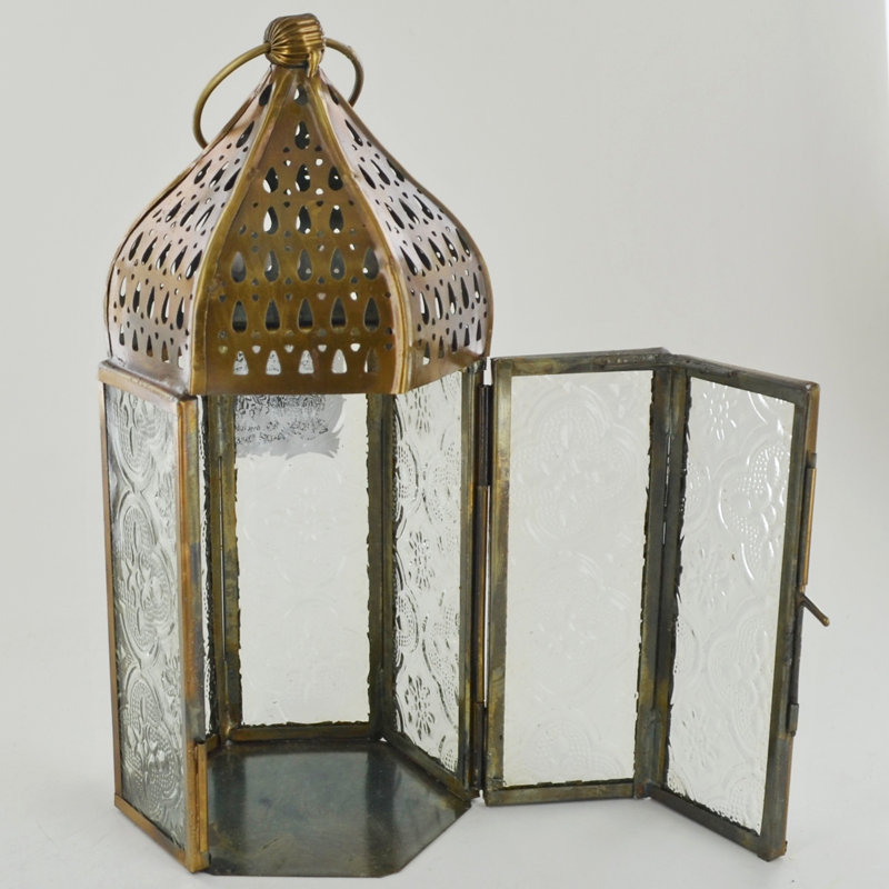 Moroccan Style Metal/Glass Lantern with Brass Detailing