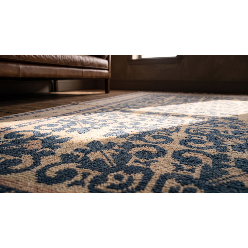 Antique Indian White and Blue Color Geometric Design Cotton Agra Area Rug