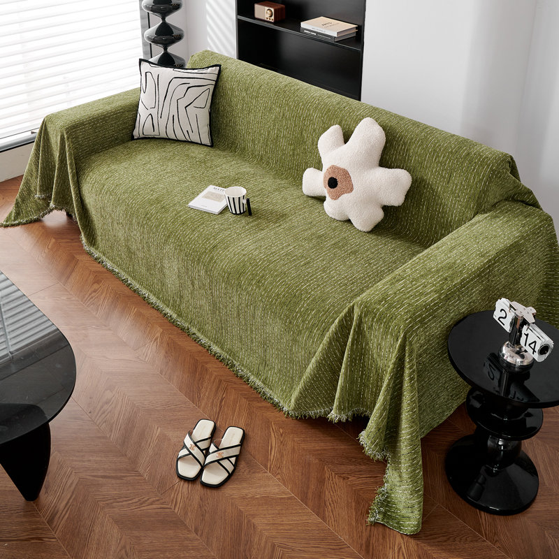 Housse pour canapé à rayures fines multicolores en chenille classique, H 71 po x l 118 po x P 0,1 po, Chenille vert olive