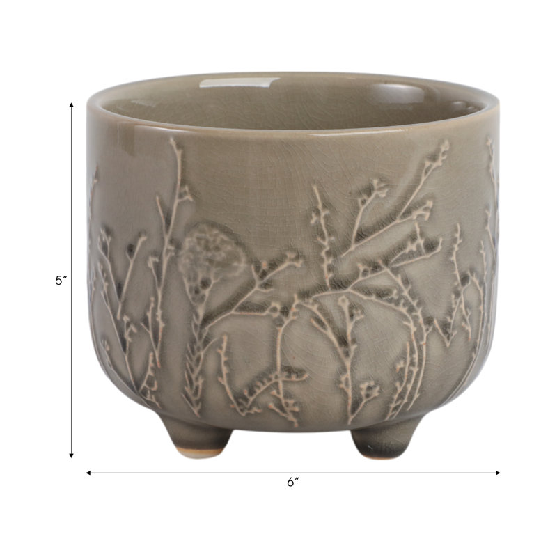 Ceramic Stoneware Planter With Raised Botanical Texture And Footed Base - Modern Decorative Garden Accent