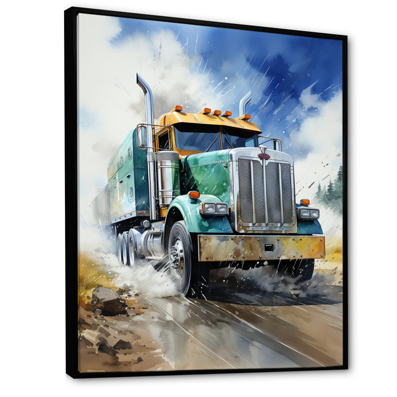 Camion semi-lourd I - reproduction sur toile, H 32 po x l 24 po x P 1 po, Cadre flottant noir