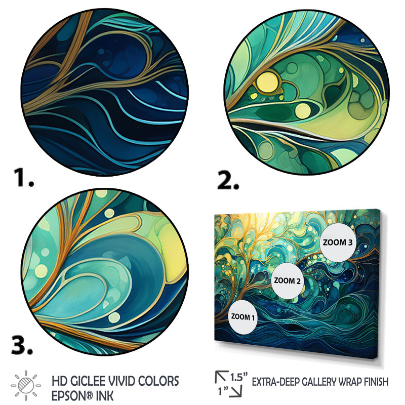 «Green and Yellow Gleaming Ink II», art mural abstrait, H 34 po x l 44 po x P 1,5 po, Cadre doré à coins fermés