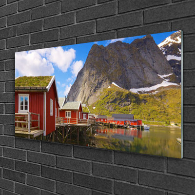 Houses Lake Mountains Landscape - No Frame Print on Glass