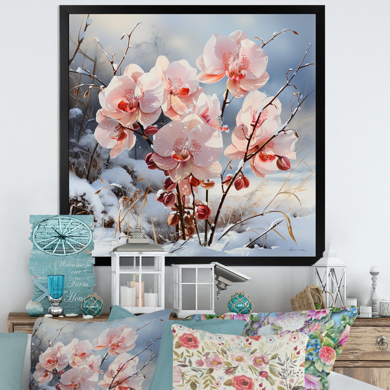 Charme d'orchidées roses en hiver, H 30 po x l 30 po x P 1 po, Cadre simple noir