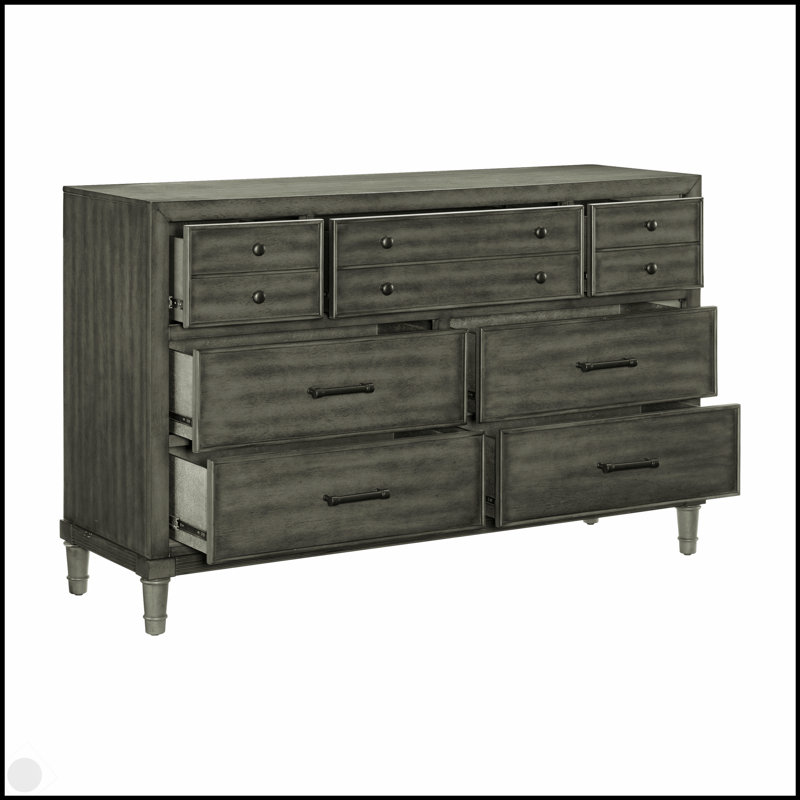 Commode 7 tiroirs de style transitionnel à finition grise avec poignées bronze foncé pour les chambres modernes et traditionnelles