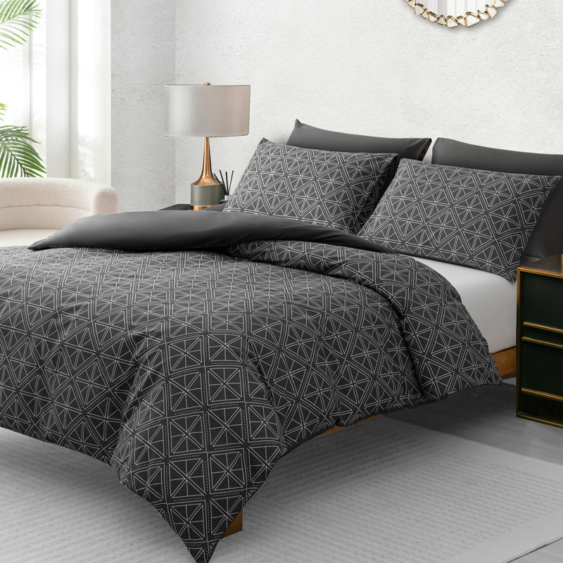 Soft Touch Reversible Duvet Cover  with Secure Zipper & Corner Ties, Double Duvet Cover + 2 Standard Pillowcases, Grey