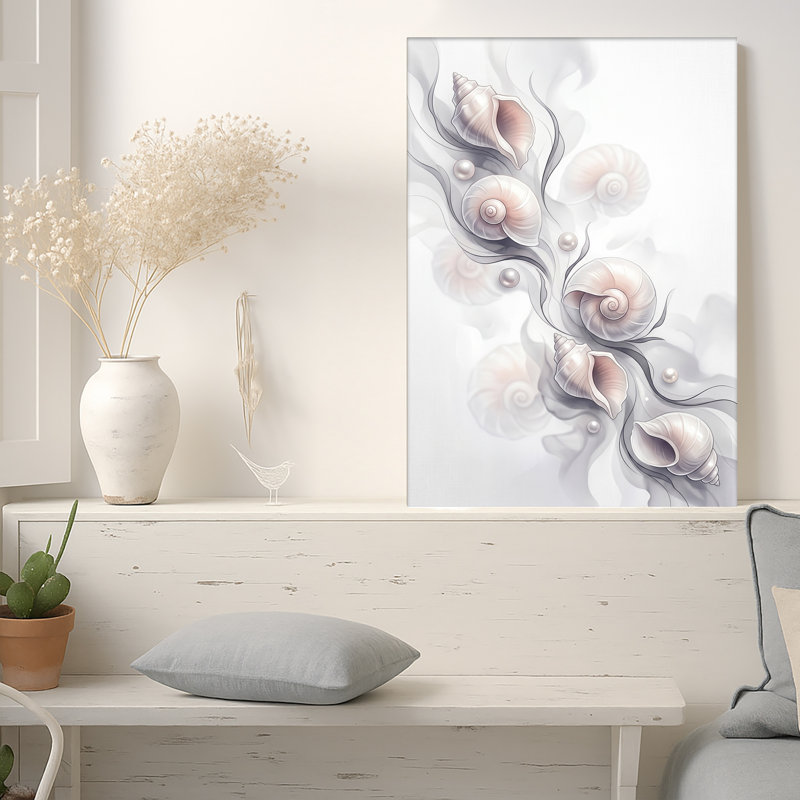 Art mural sur toile blanc et rose avec perles sur fond fumé, 36"H x 24"W