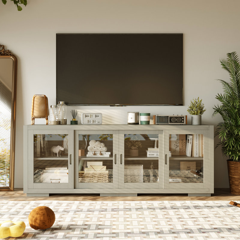 Modern Solid Wood TV Stand With Tempered Glass Doors, Cable Management And Adjustable Shelves, Fits Tvs Up To 75", Gray